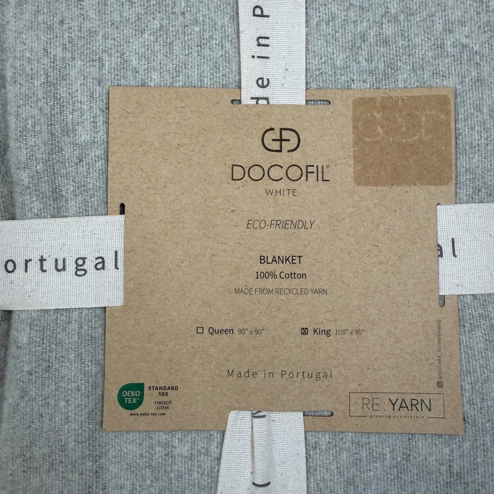 Docofil King Size Blanket Light Grey 100% Recycled Cotton Made in Portugal NEW